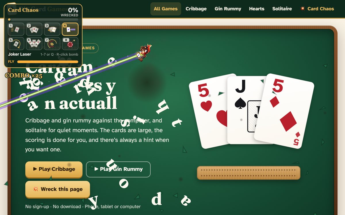 The Ace, a little card magician, in the middle of a web page, with letters flying and a rocket explosion scorching the text